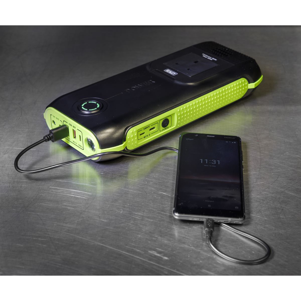 Sealey 31200MAH Power Bank Pack Charger with AC 3 Pin Plug & 2x USB & Light