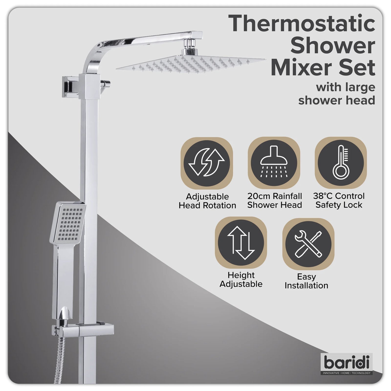 Baridi Thermostatic Shower Mixer Set 20x20cm Square Head