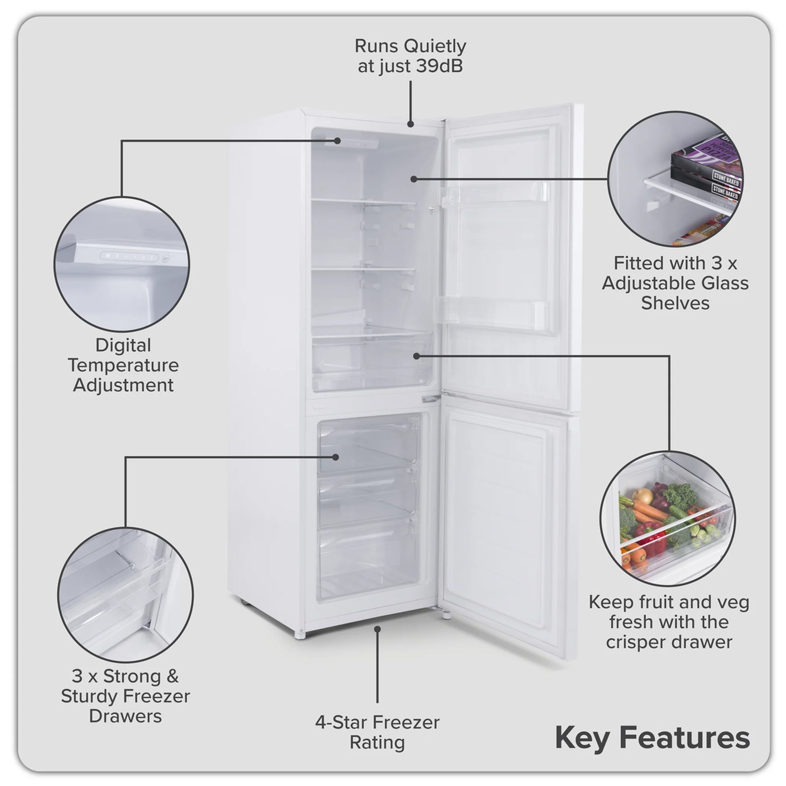 Baridi 60/40 Smart Frost Fridge Freezer 227L Capacity - White