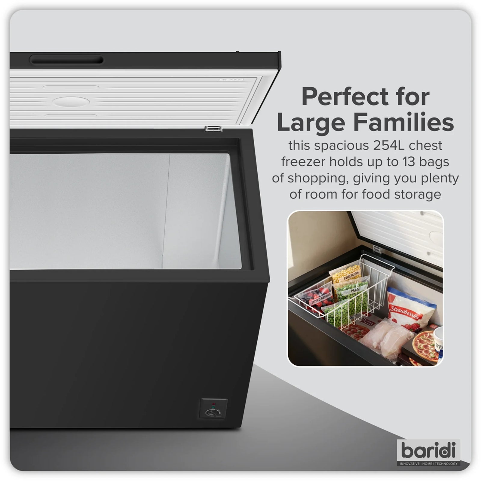 Baridi Chest Freezer DH259 254L Capacity - Black