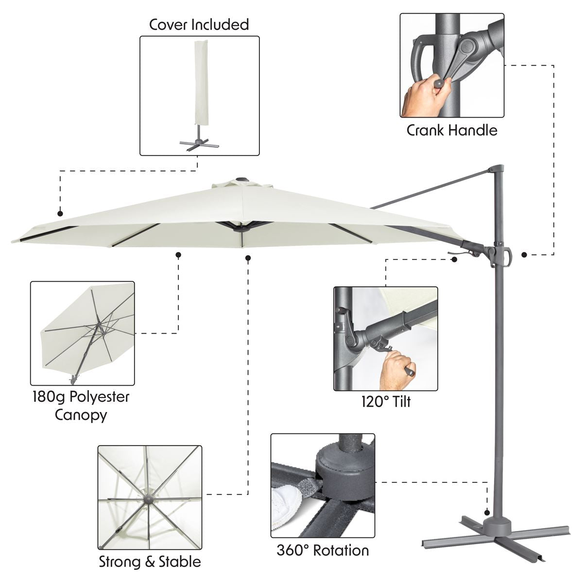 Dellonda Cantilever Parasol with 360 Rotation, Tilt & Cover 3m - Cream