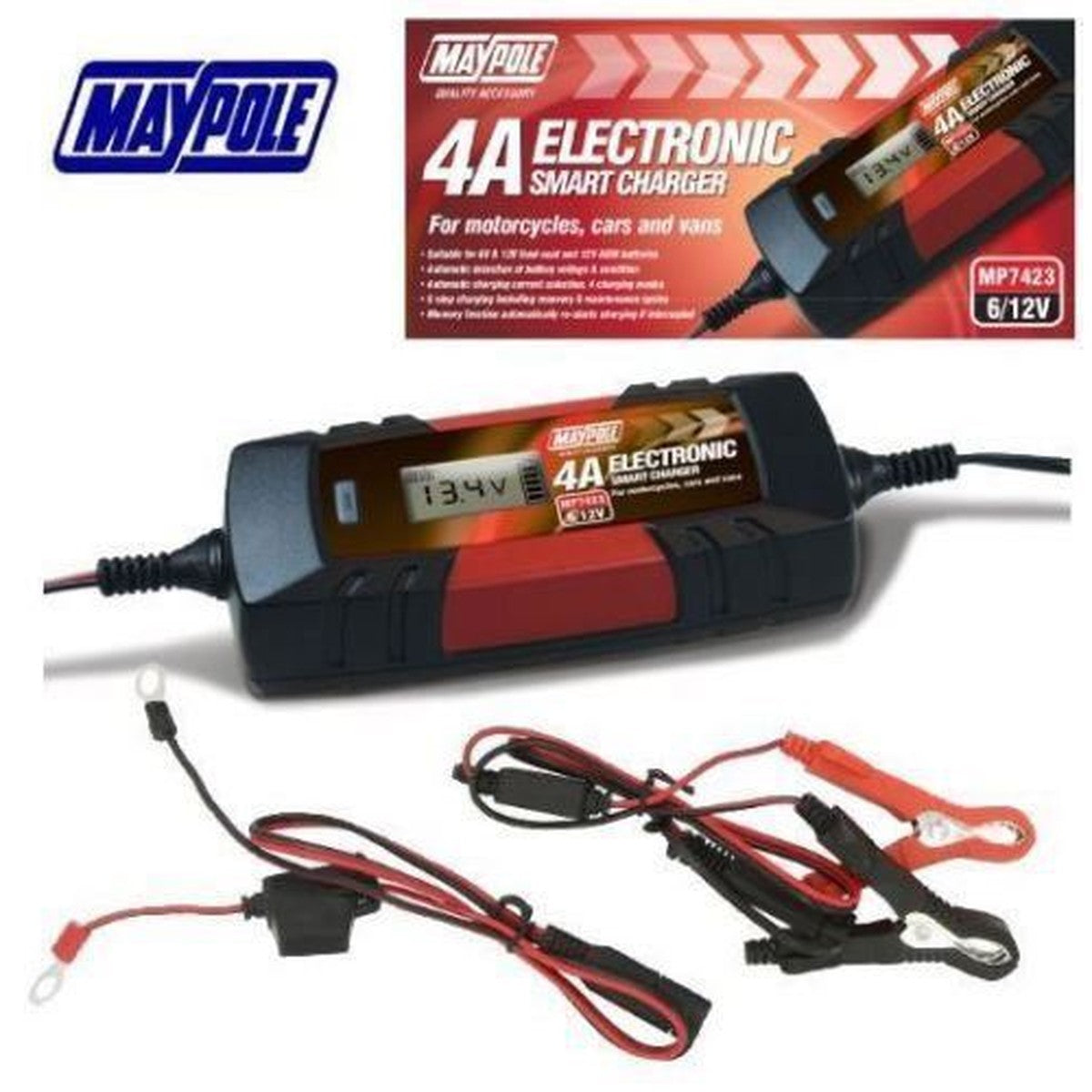 MAYPOLE 7423 Electronic Car Battery Charger Smart Fast Trickle Pulse Modes 4 AMP