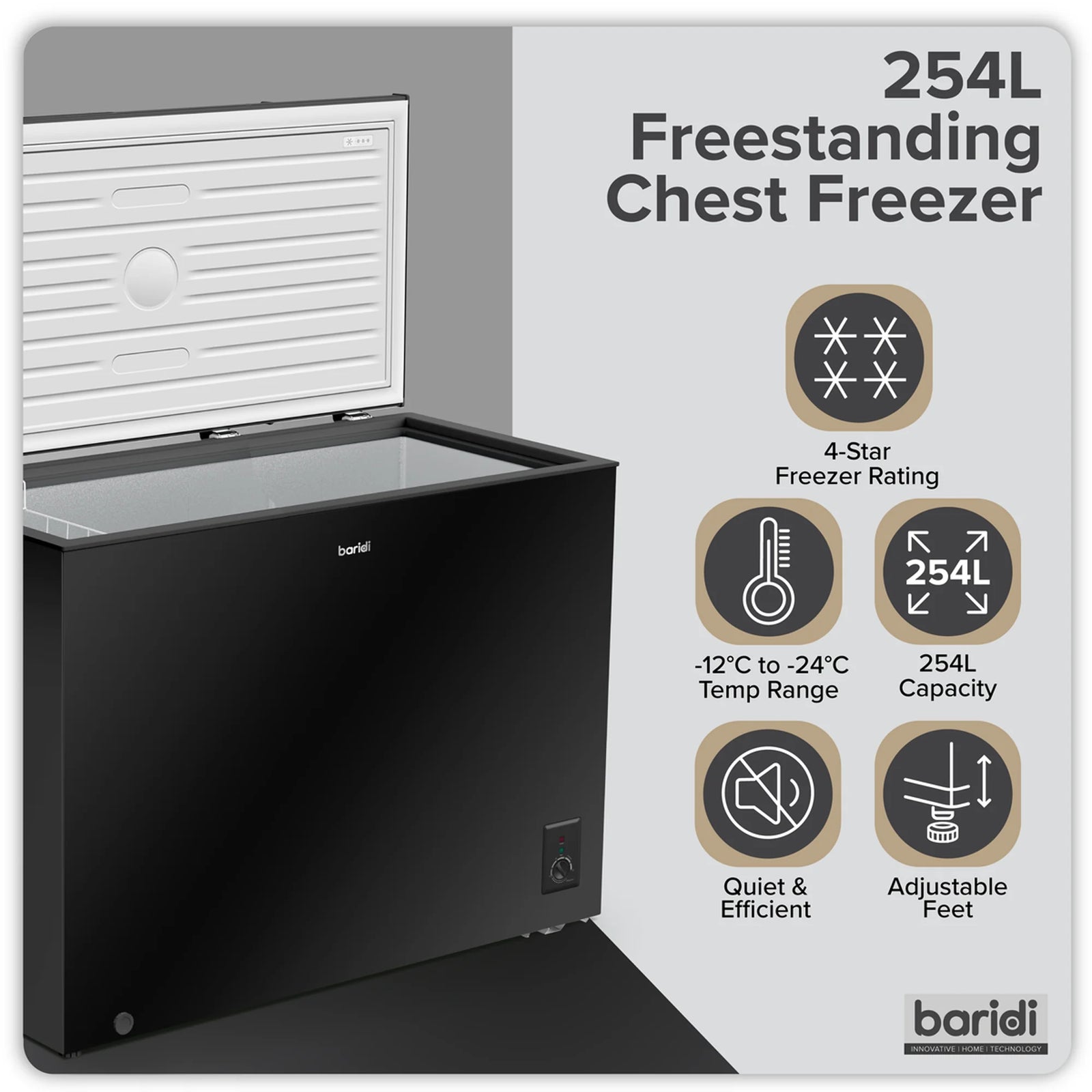 Baridi Chest Freezer DH259 254L Capacity - Black