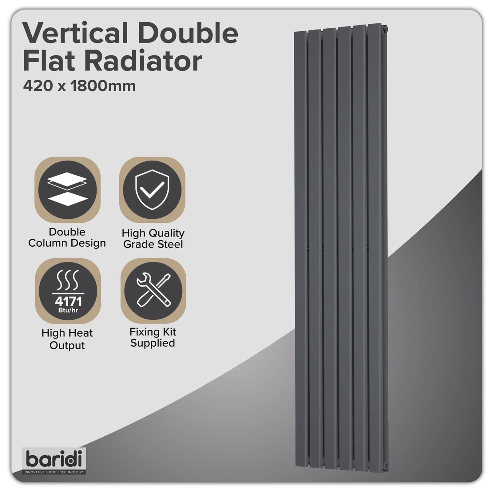 Baridi Vertical Radiator 420 x 1800mm Double Flat Panel Anthracite