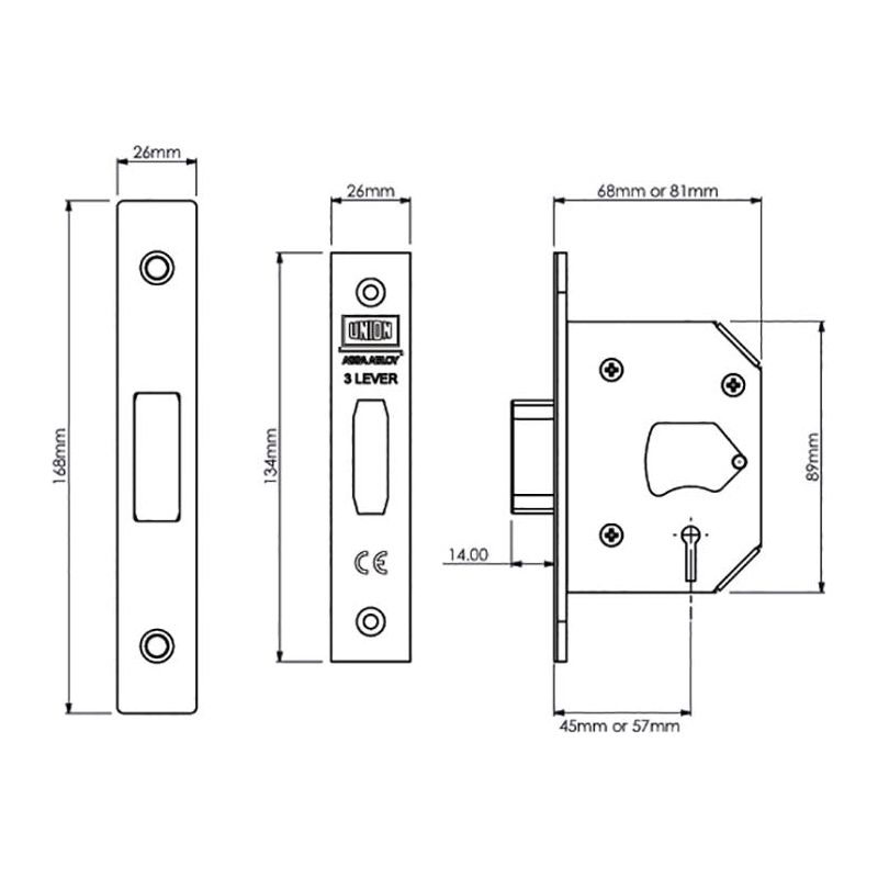 Union StrongBOLT 2103S 3 Lever Mortice Deadlock Polished Brass 81mm 3in Visi