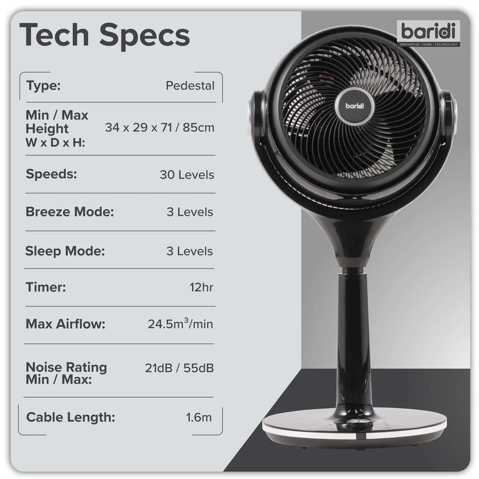 Baridi 10" Pedestal Fan DH143 with Remote Control & Timer