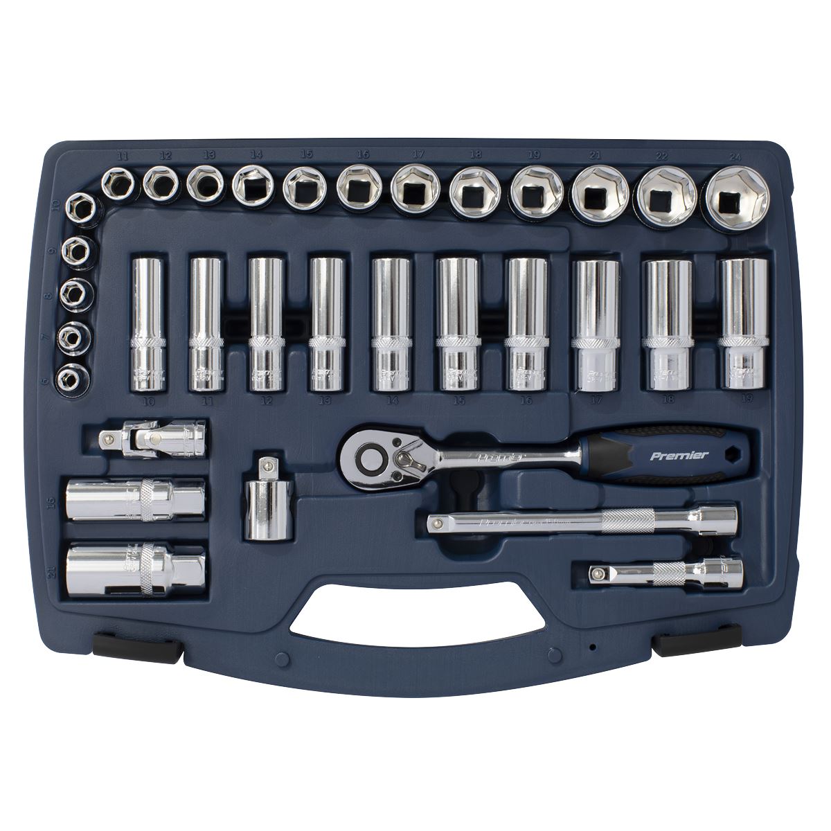 Sealey Premier Socket Set 34pc 3/8" Drive Metric WallDrive Ratchet Extension Bar