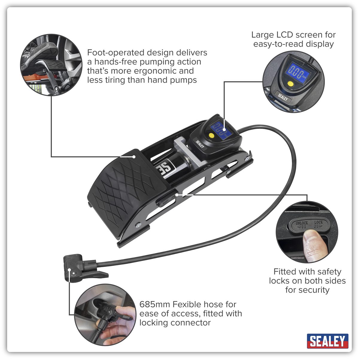 Sealey Single Barrel Digital Foot Pump FP8D 140psi