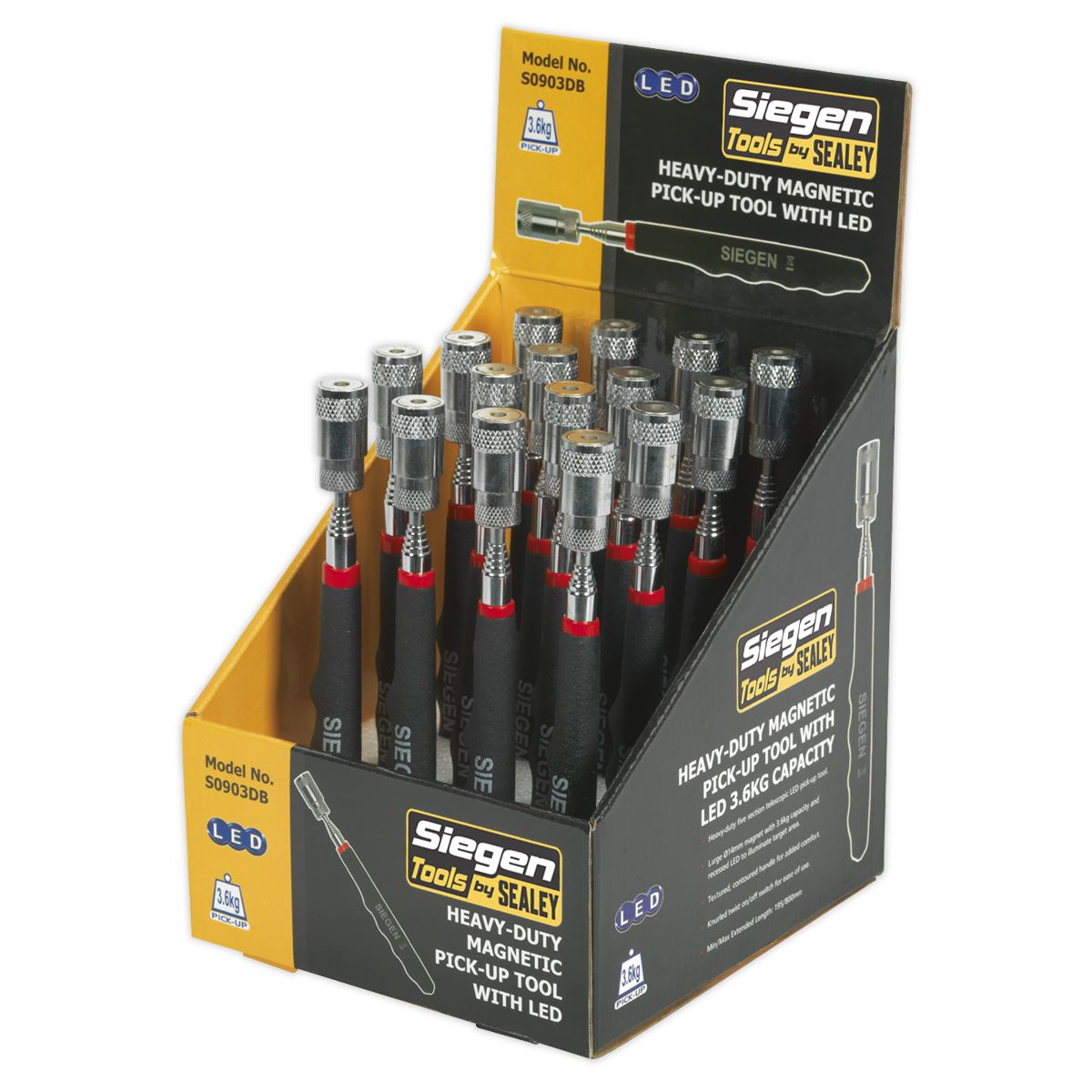 Seigen by Sealey HD Mag Pick-Up Tool with LED 3.6kg Cap Display Box of 16
