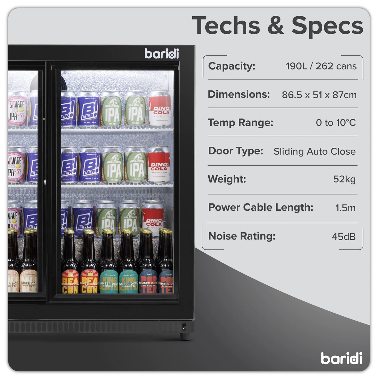 Baridi Back Bar Drinks Fridge Cooler DH273 190L Black