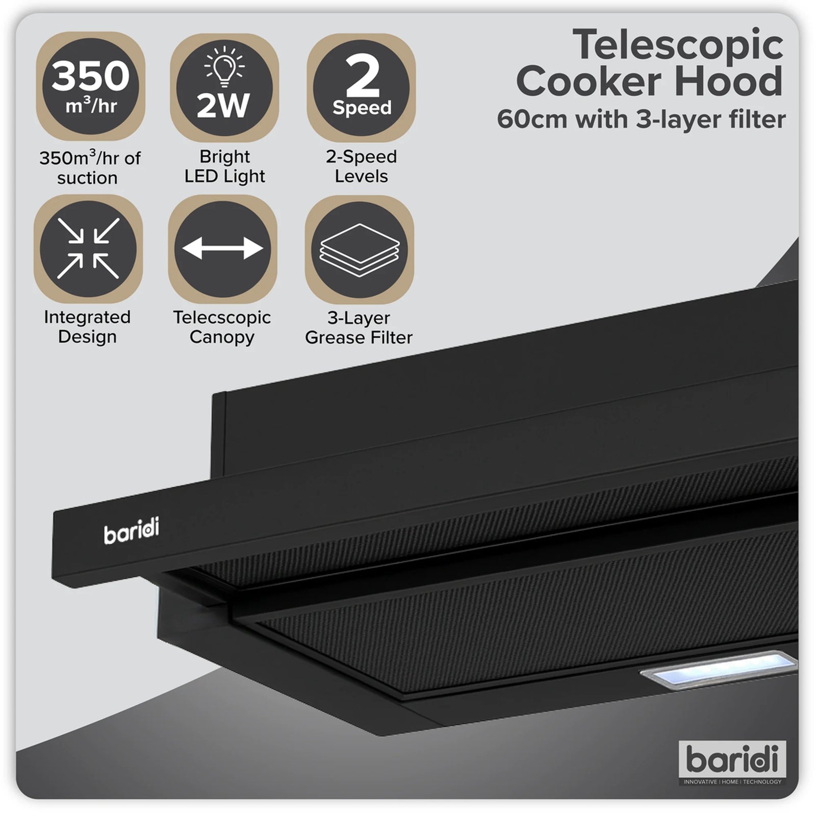 Baridi Wall Mounted Cooker Hood 60cm - 33W Power