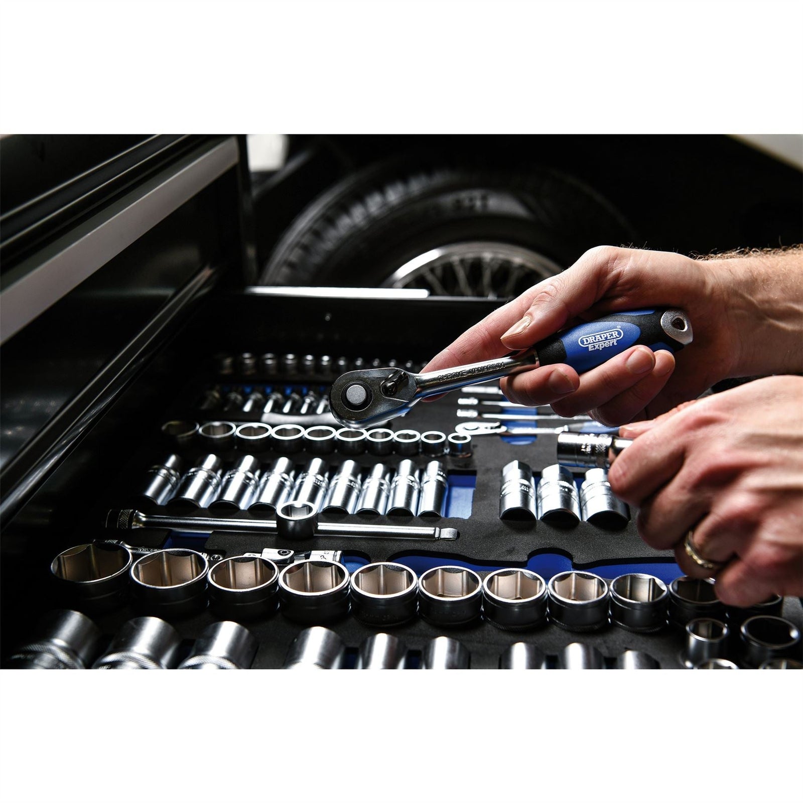 Draper Soft Grip Socket Set in Full Plus Drawer EVA Insert Tray, 1/4", 3/8" & 1/