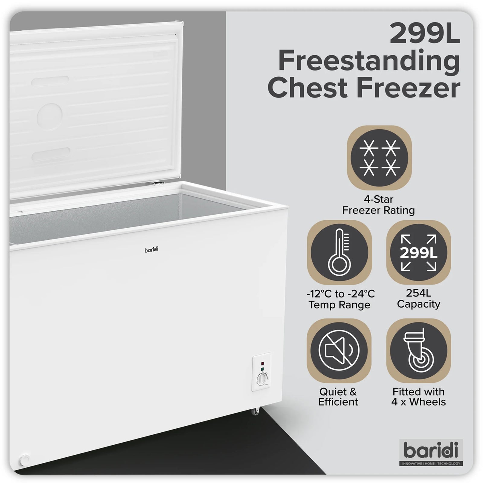 Baridi Chest Freezer DH260 299L Capacity - White