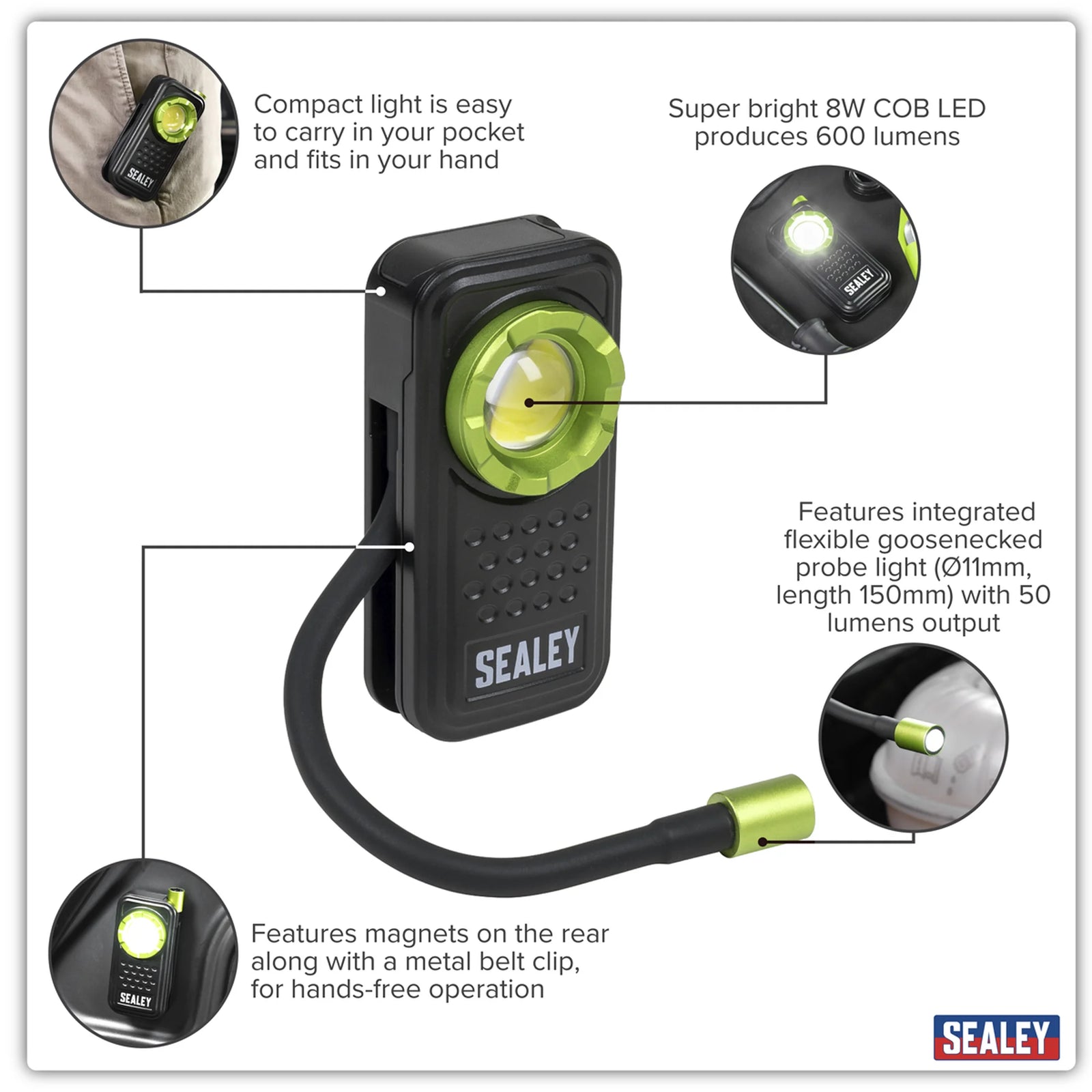 Sealey LED600FX Pocket Light 8W COB & 1W SMD LED