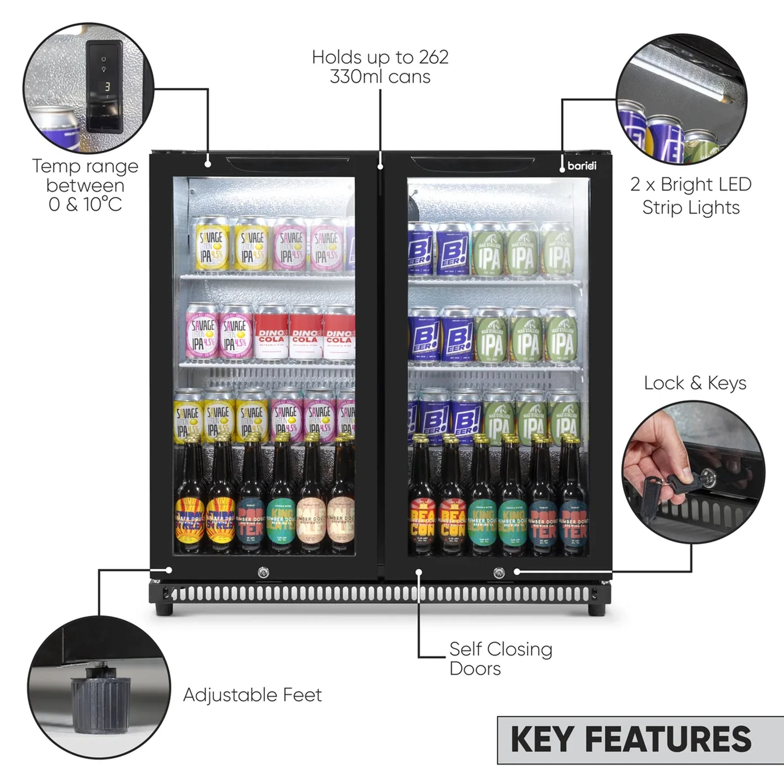 Baridi Back Bar Drinks Fridge DH272 190L Capacity - Black