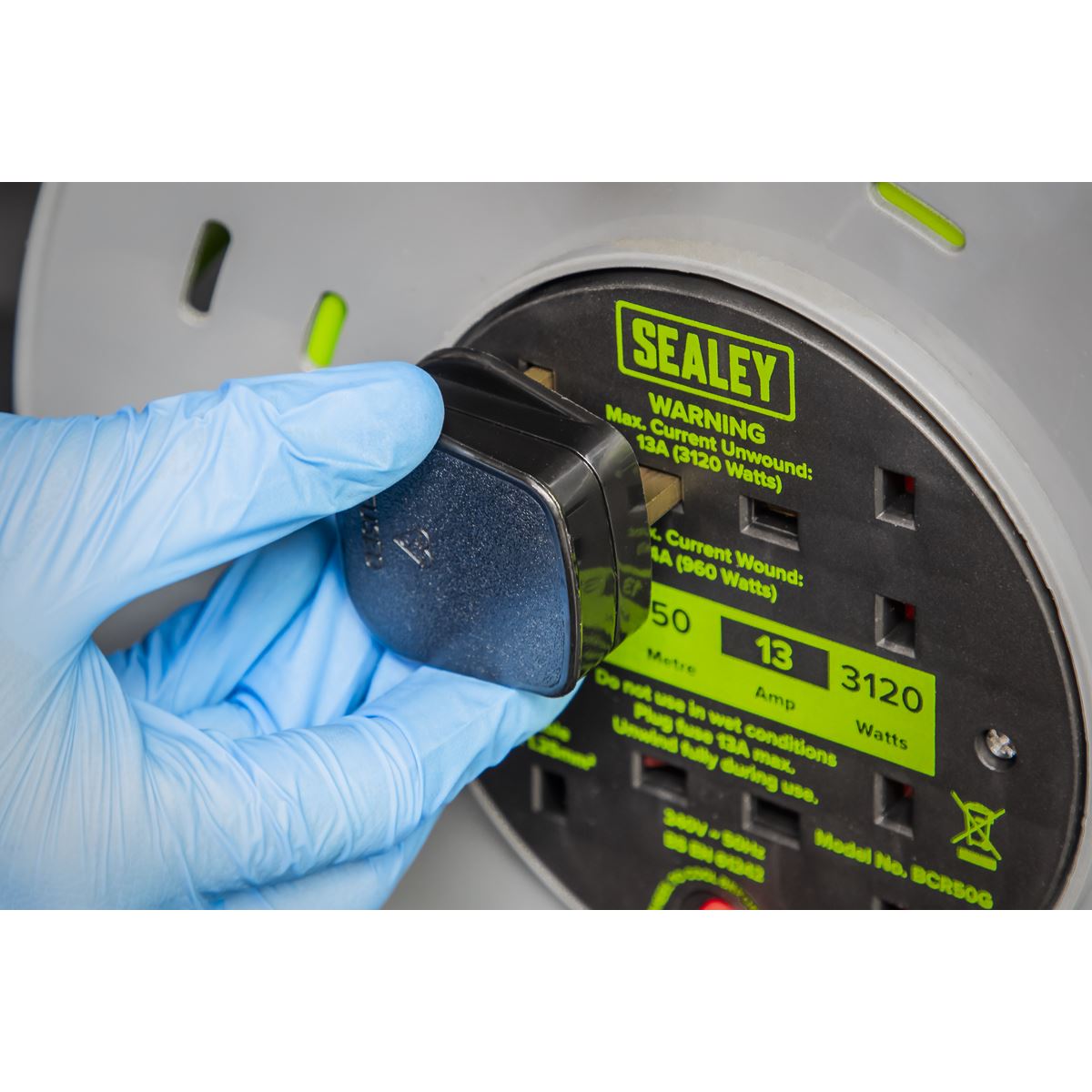 Sealey 50m Cable Reel with Thermal Trip 4 x 230V - Hi-Vis Green BCR50G