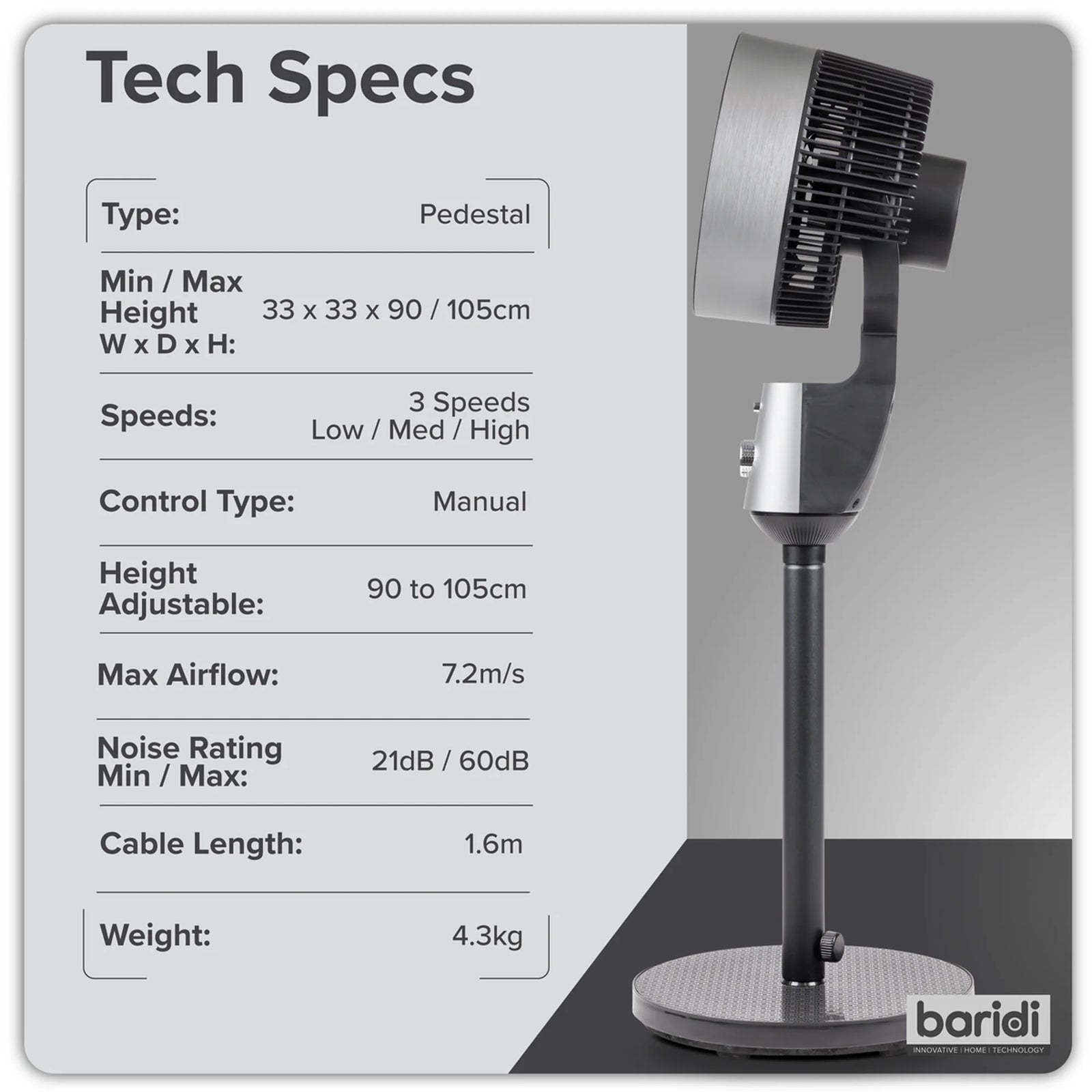 Baridi 10" Pedestal Fan DH142 60W Grey