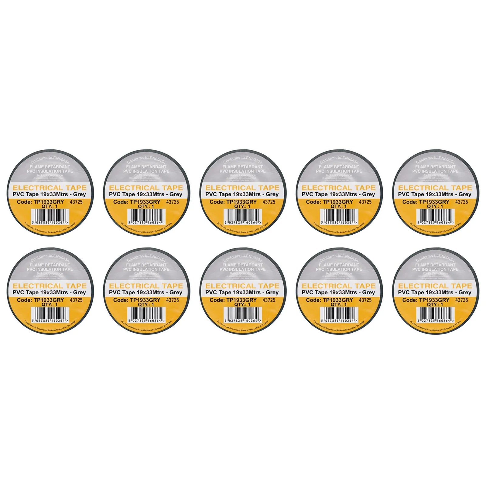 Non-Branded Grey PVC Electrical Insulation Tape, 19mm x 33m (Pack of 10)