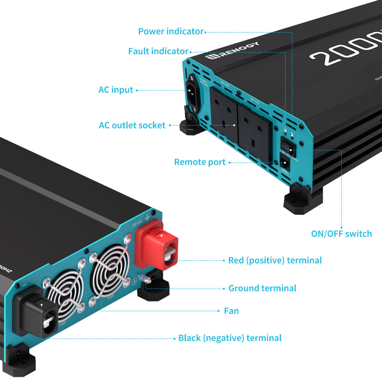 Renogy 2000W 12V Pure Sine Wave Inverter With English Standard Socket