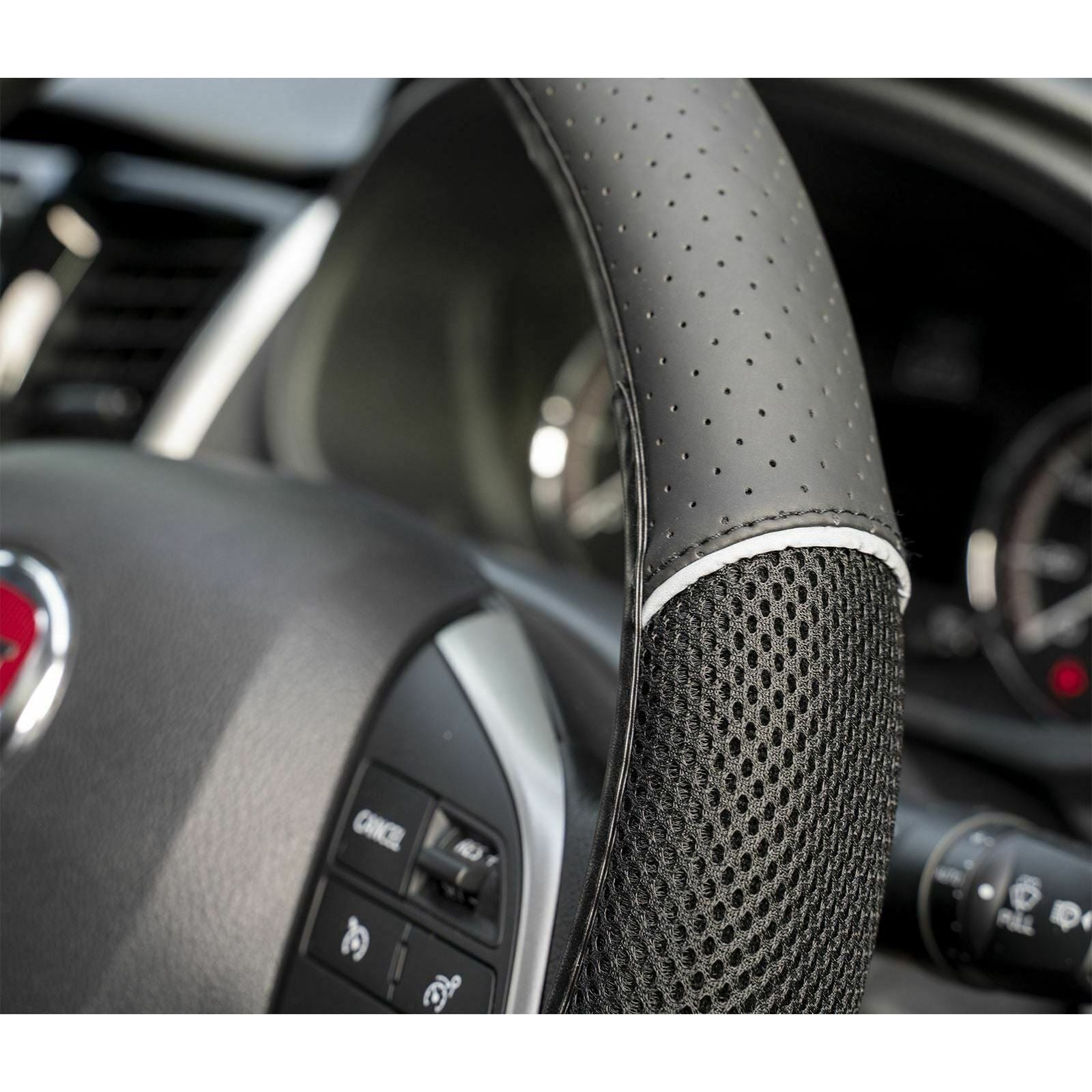 Car Steering Wheel Cover/Glove Universal Soft Grip Black Faux Leather/Black Mesh