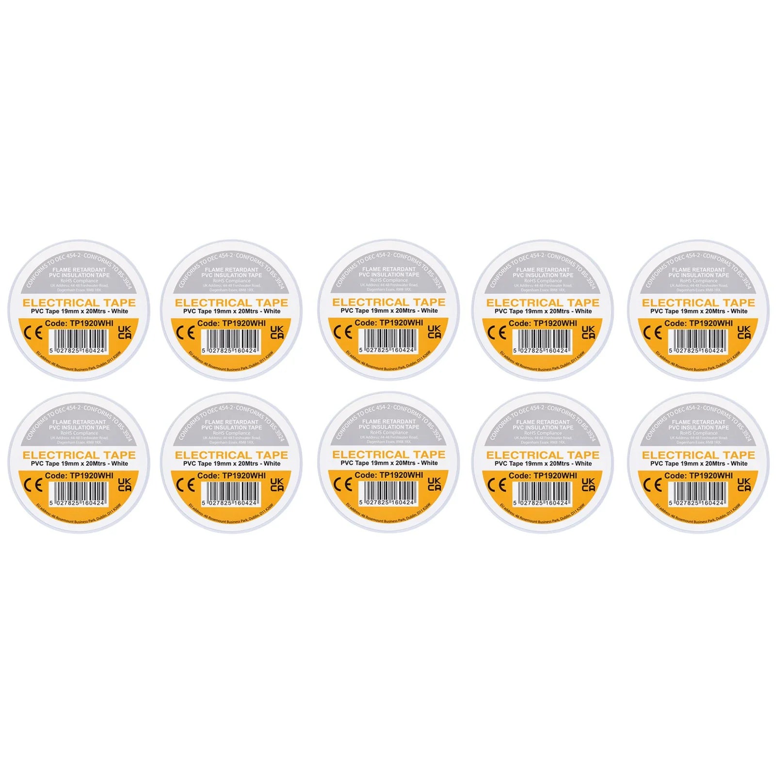 Non-Branded White PVC Electrical Insulation Tape, 19mm x 20m (Pack of 10)