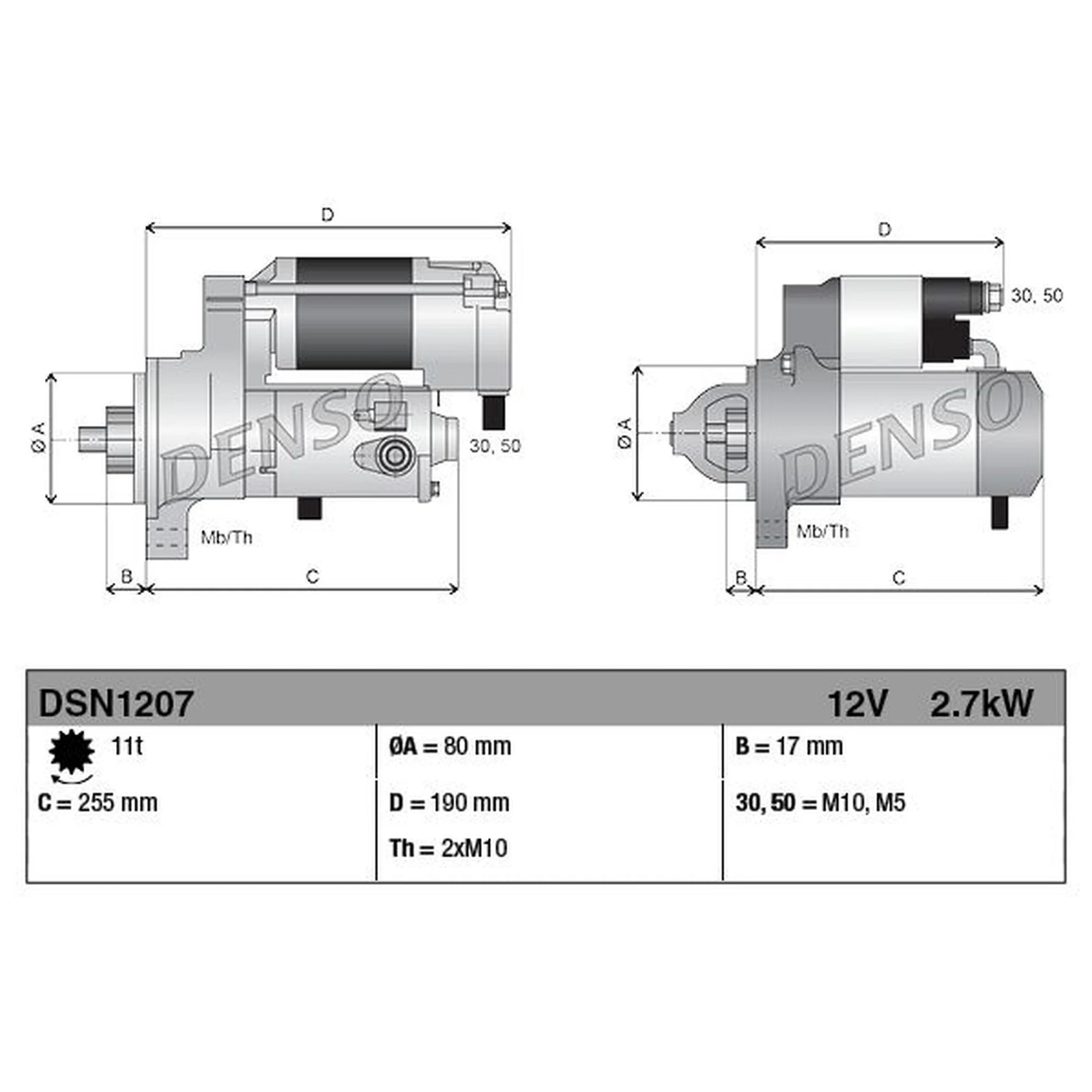 Denso Starter Motor 12V 2.7kW 11 Teeth DSN1207