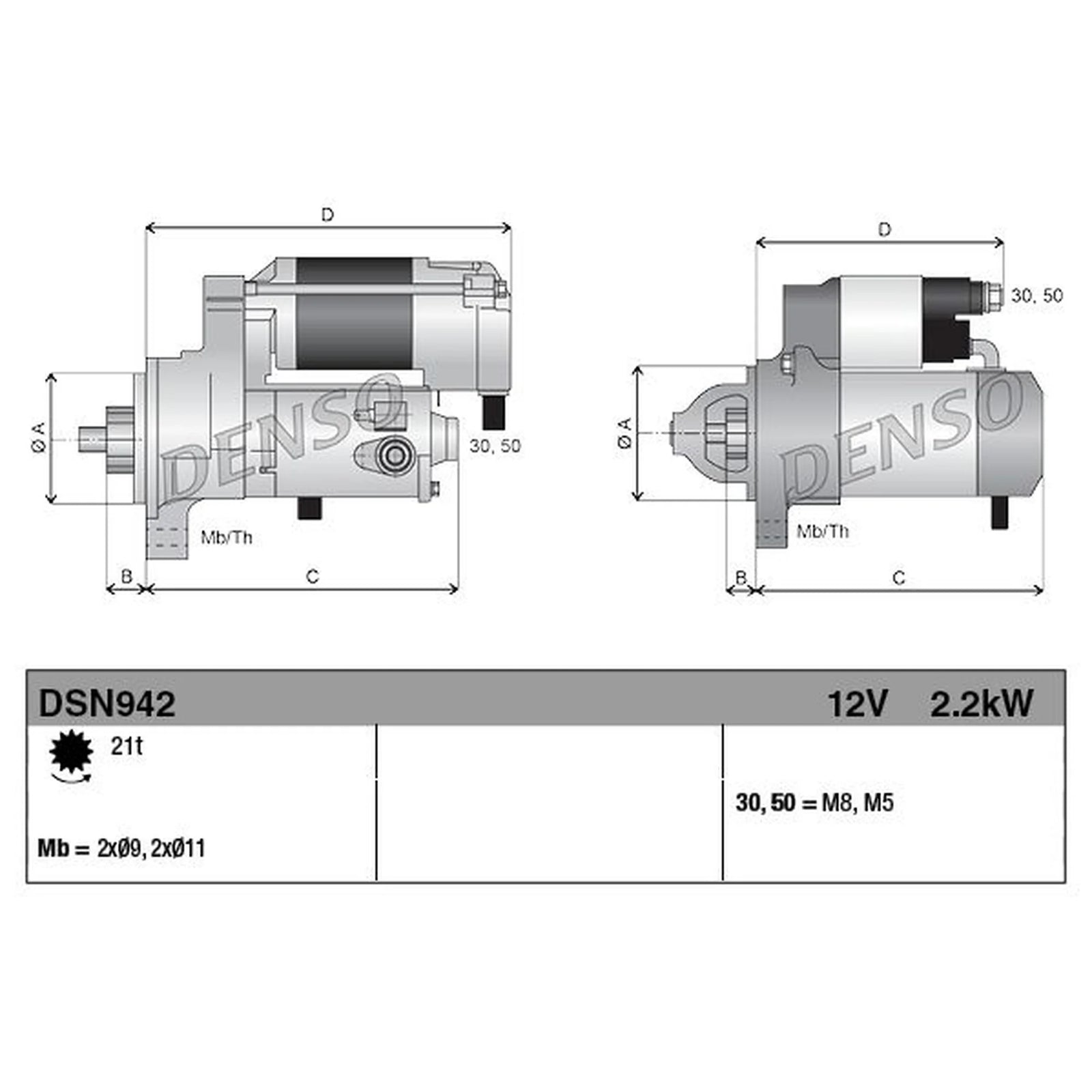 Denso Starter Motor 12V 2.2kW 21 Teeth DSN942
