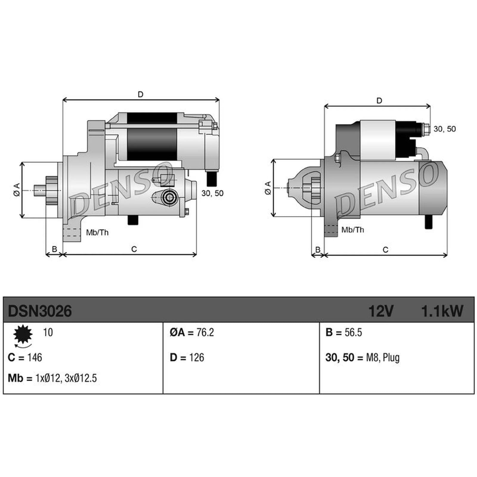 Denso Starter Motor 12V 1.1kW 10 Teeth DSN3026