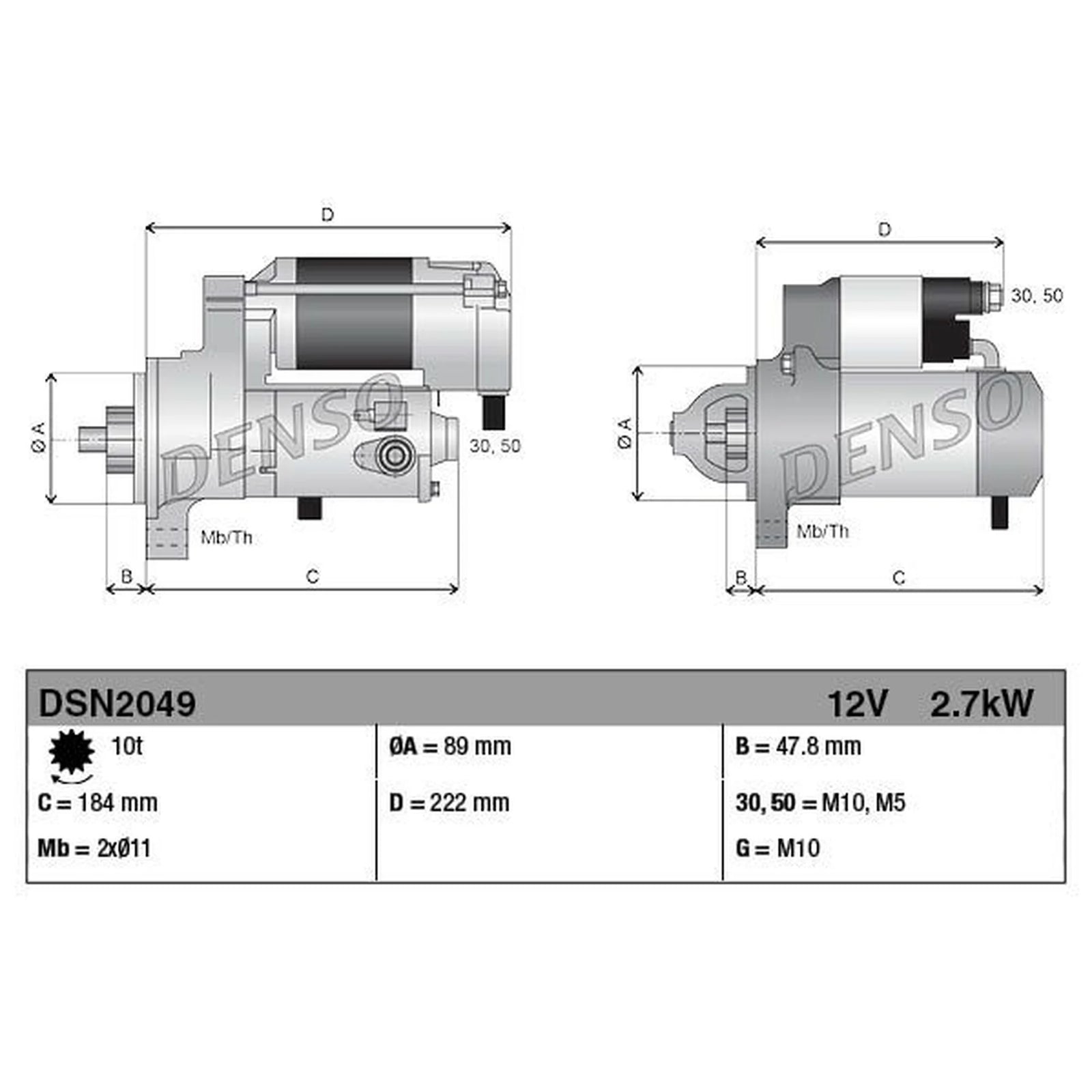 Denso Starter Motor 12V 2.7kW 10 Teeth DSN2049