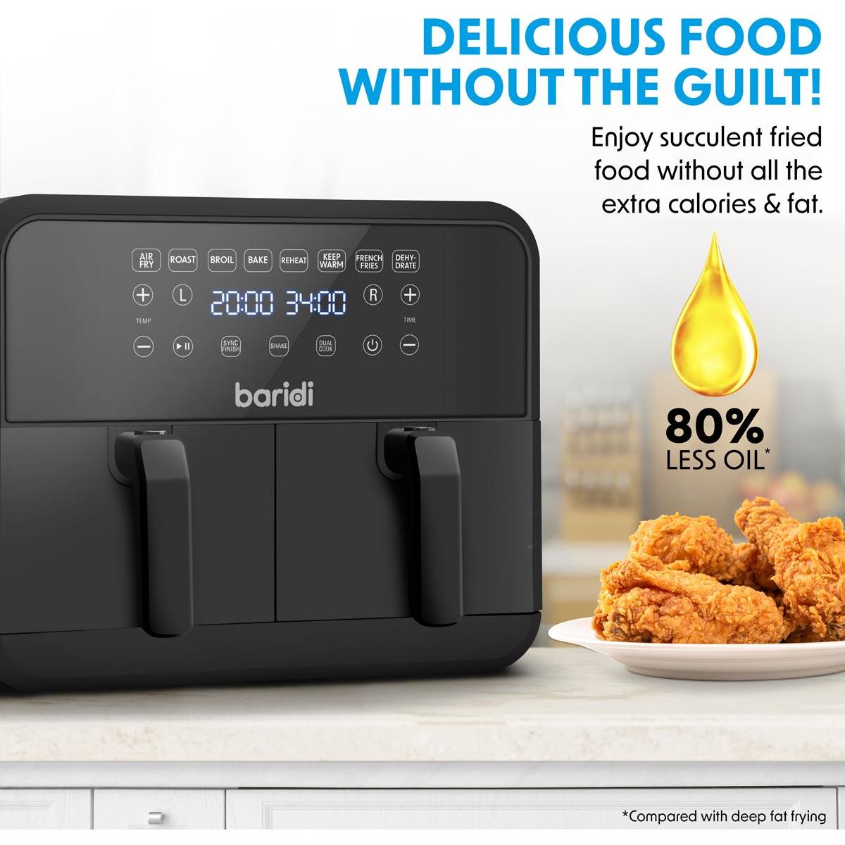 Baridi 8L Dual Zone Air Fryer with 8 Preset Functions