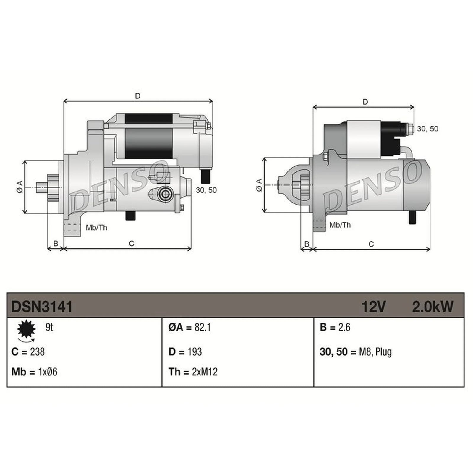 Denso Starter Motor 12V 2kW 9 Teeth DSN3141