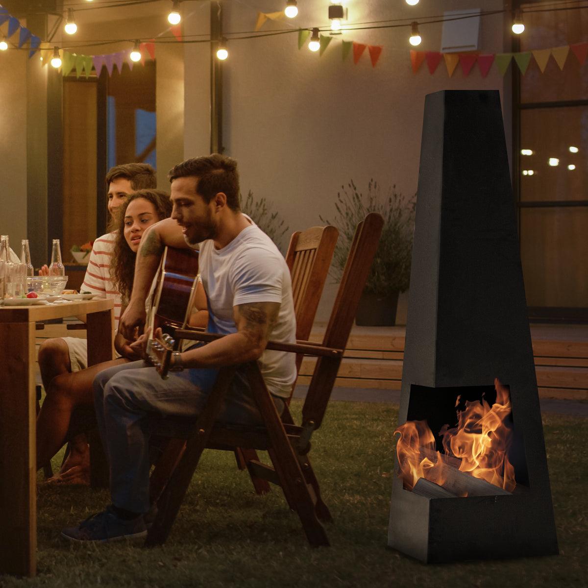 Dellonda Chiminea Wood Burner Heater for Outdoors W45cm x H150cm - Black Steel