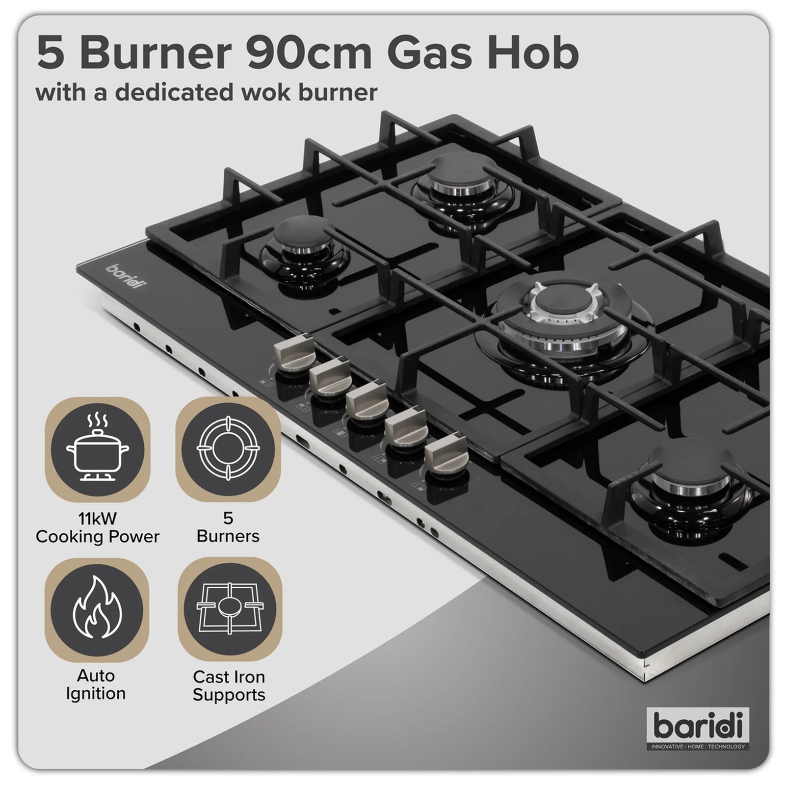 Baridi Gas Hob DH383 90cm with 5 Burners & 11kW Power