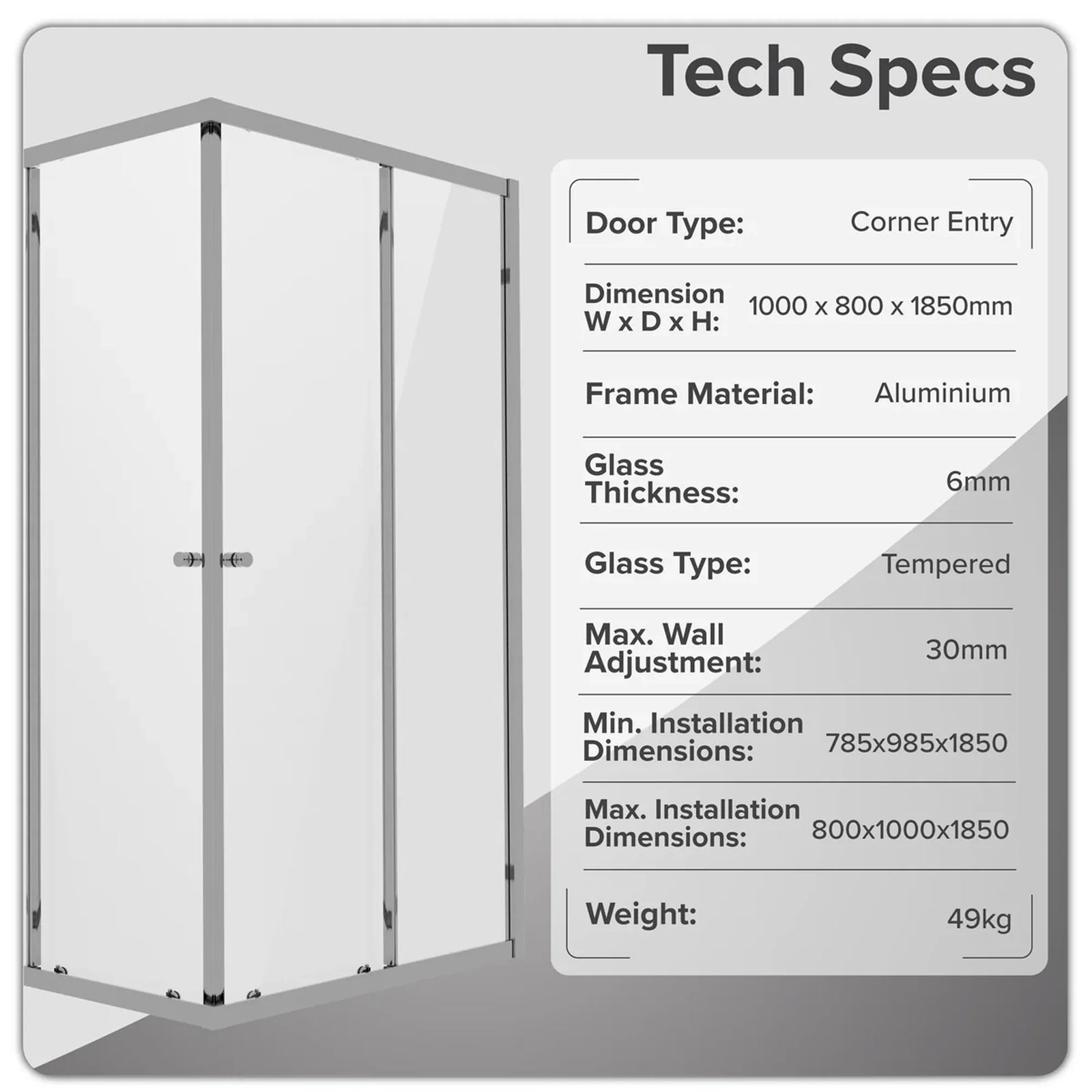 Baridi Corner Shower Entry Enclosure 1000 x 800mm - Chrome