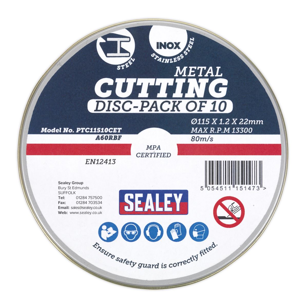 Sealey 10 Pack 115mm x 1.2mm Stainless Steel Metal Cutting Slitting Discs Tinned