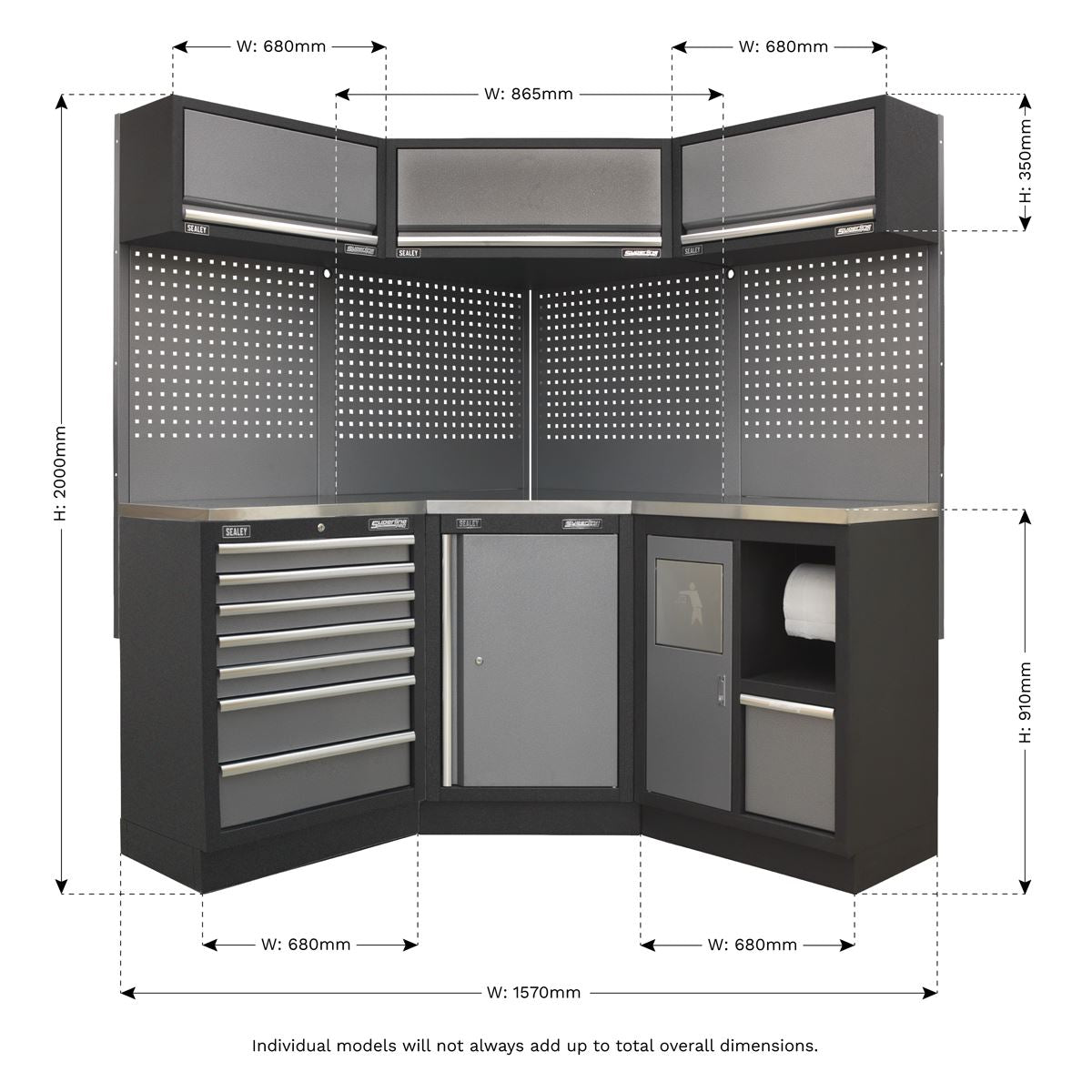 Sealey Superline Pro 1.6m Corner Storage System Stainless Worktop
