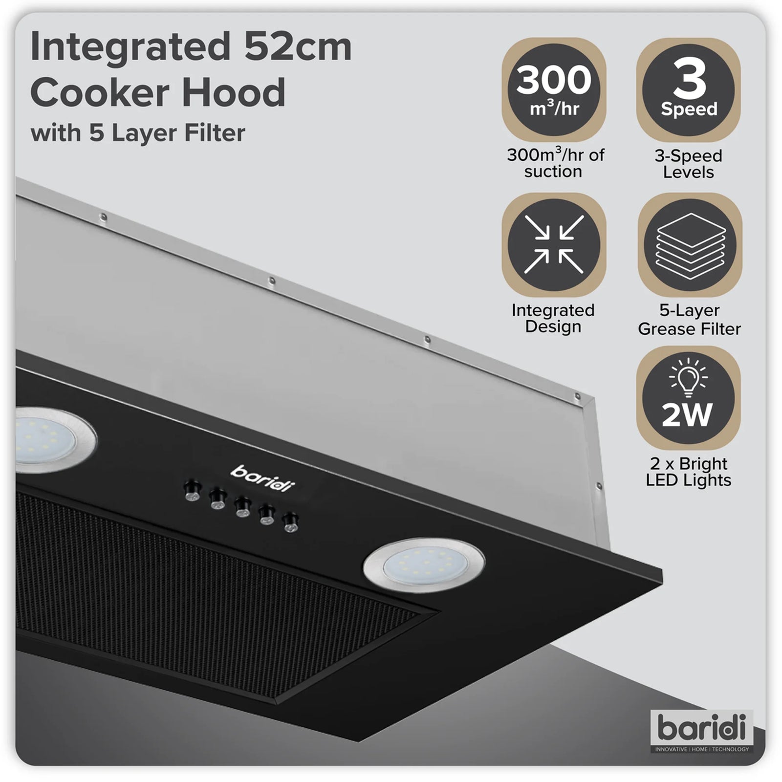 Baridi Cooker Hood DH285 52cm Wall Mounted Black