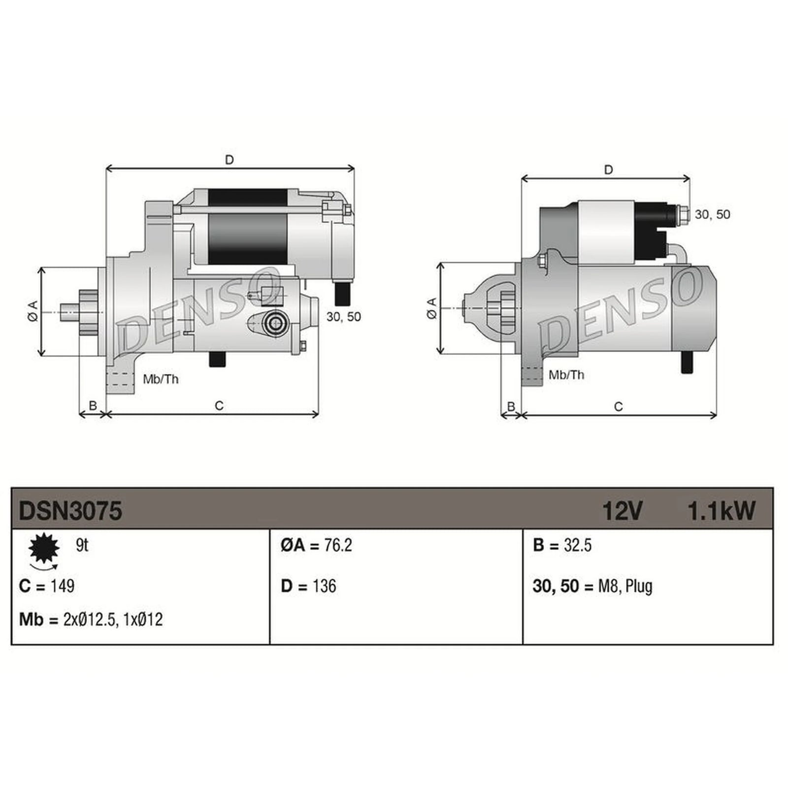 Denso Starter Motor 12V 1.1kW 9 Teeth DSN3075