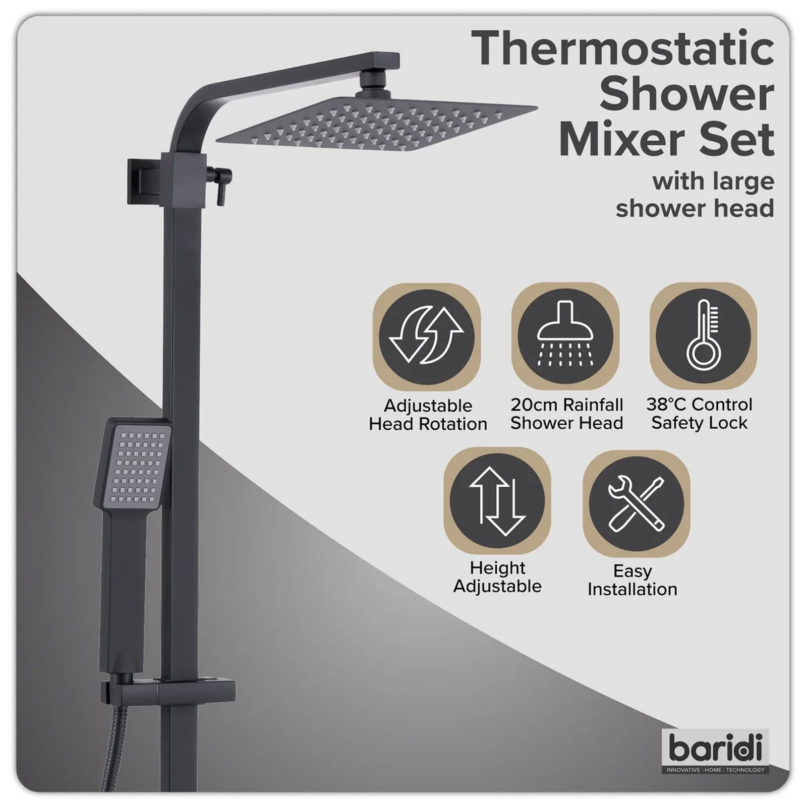 Baridi Thermostatic Shower Mixer Set 20x20cm Square Head Black