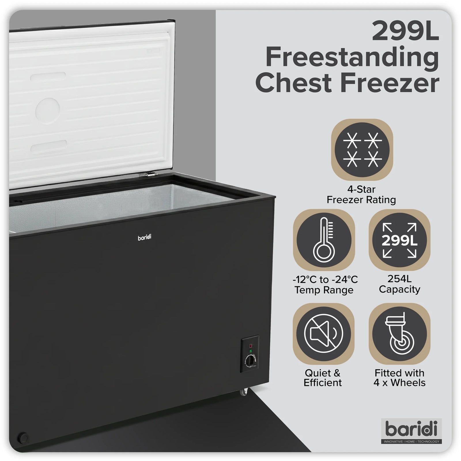 Baridi Chest Freezer DH261 299L Capacity - Black