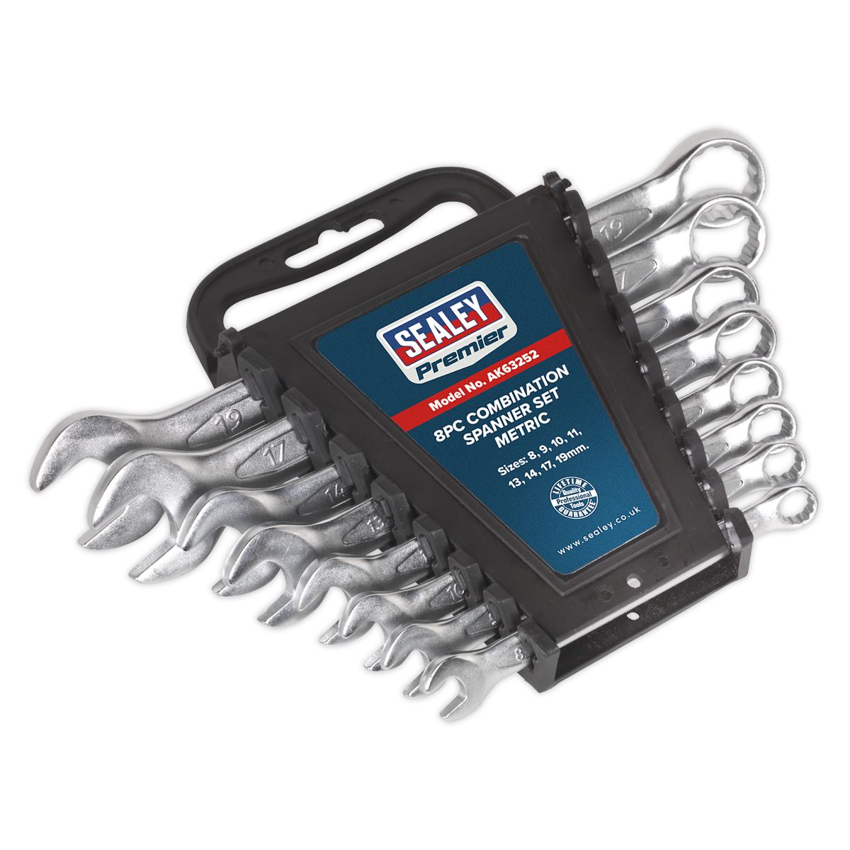 Sealey AK63252 Premier 8pc Combination Spanner Set 8-19mm Open End Ring Spanners