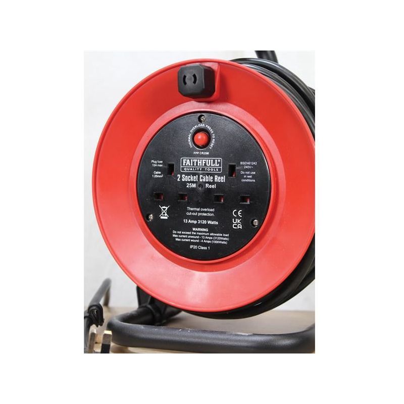 Faithfull Power Plus Open Drum Cable Reel 240V 13A 2-Socket 25m