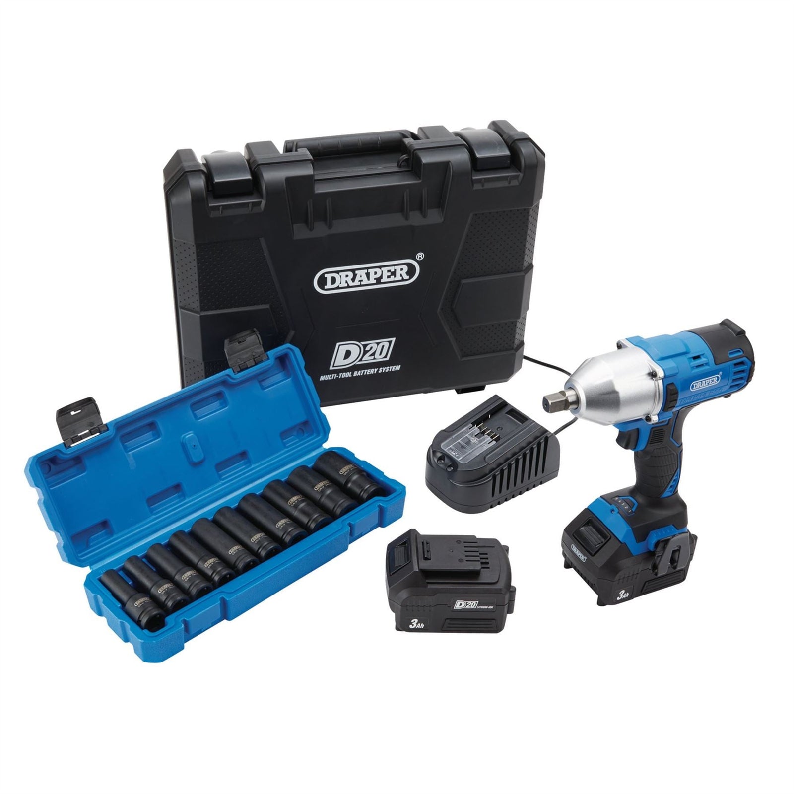 Draper D20 20V Brushless Mid-Torque Impact Wrench Kit, 1/2" Sq. Dr. & Metric Dee