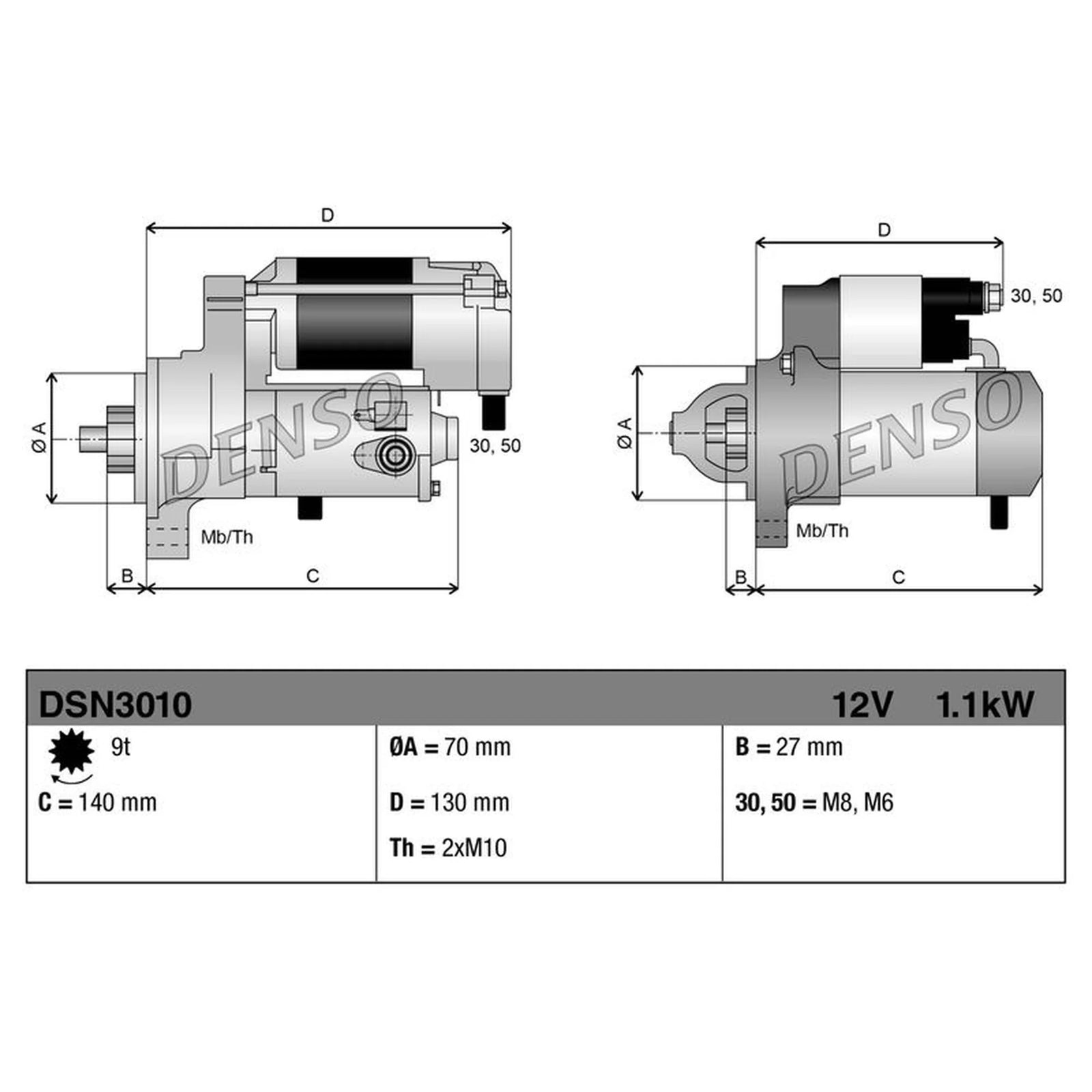 Denso Starter Motor 12V 1.1kW 9 Teeth DSN3010