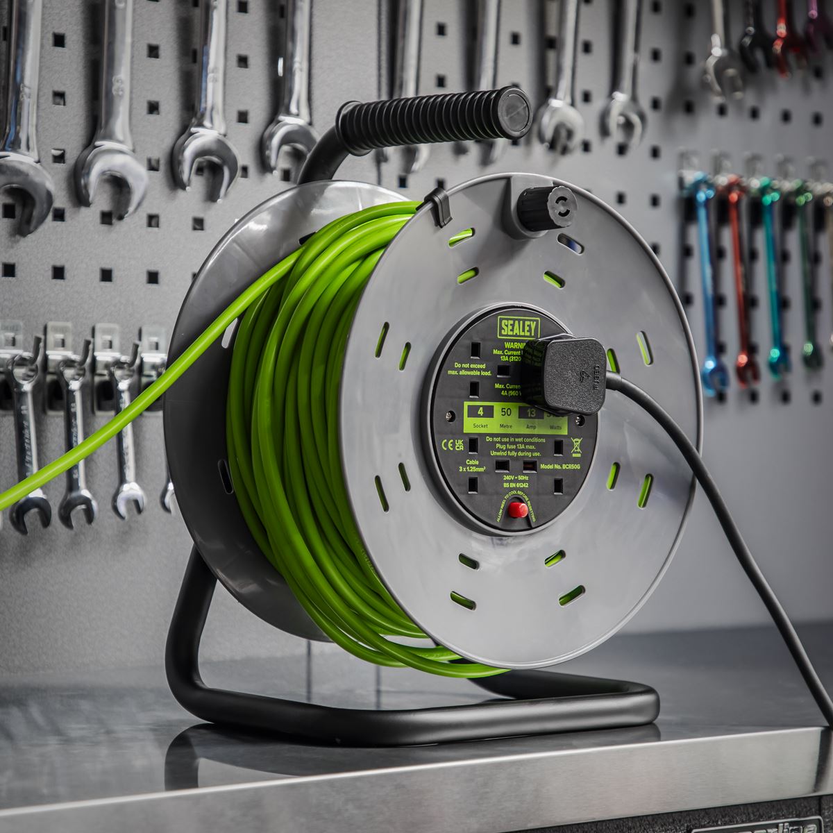 Sealey 50m Cable Reel with Thermal Trip 4 x 230V - Hi-Vis Green BCR50G