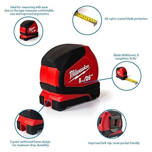 Milwaukee 4932459596 8m/26ft Pro Compact Tape Measure, Red
