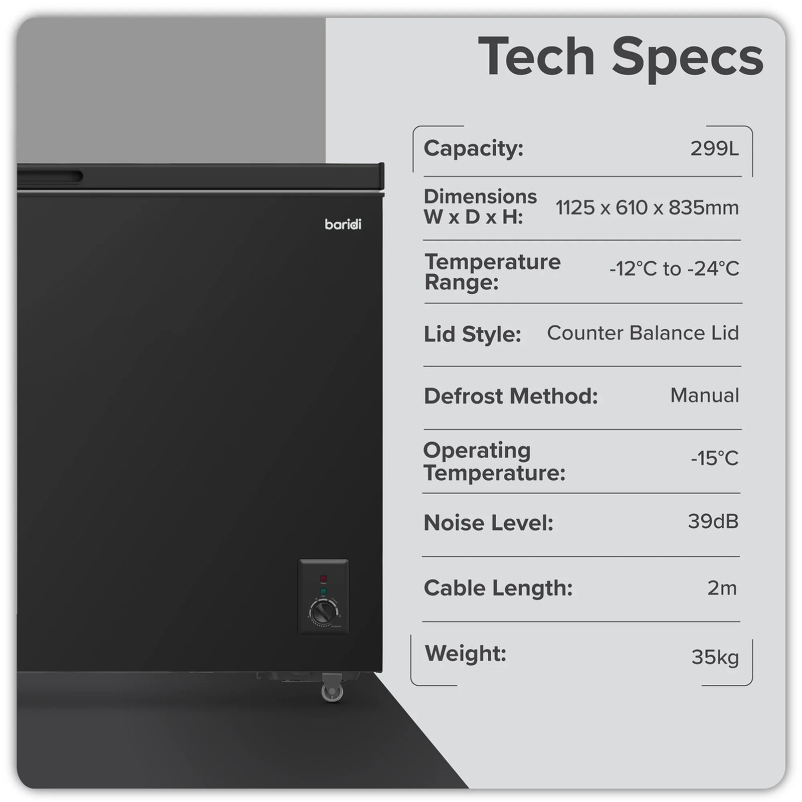 Baridi Chest Freezer DH261 299L Capacity - Black