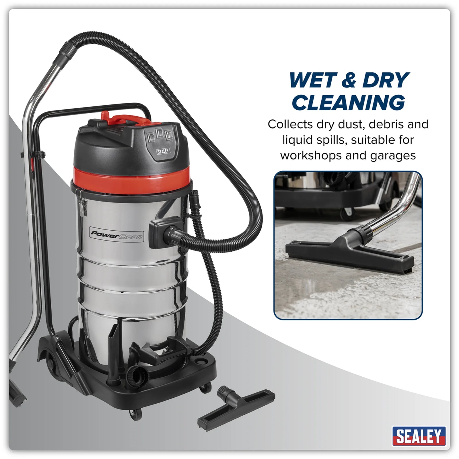 Sealey Vacuum Cleaner Wet & Dry 100L 3000W Stainless Steel Drum