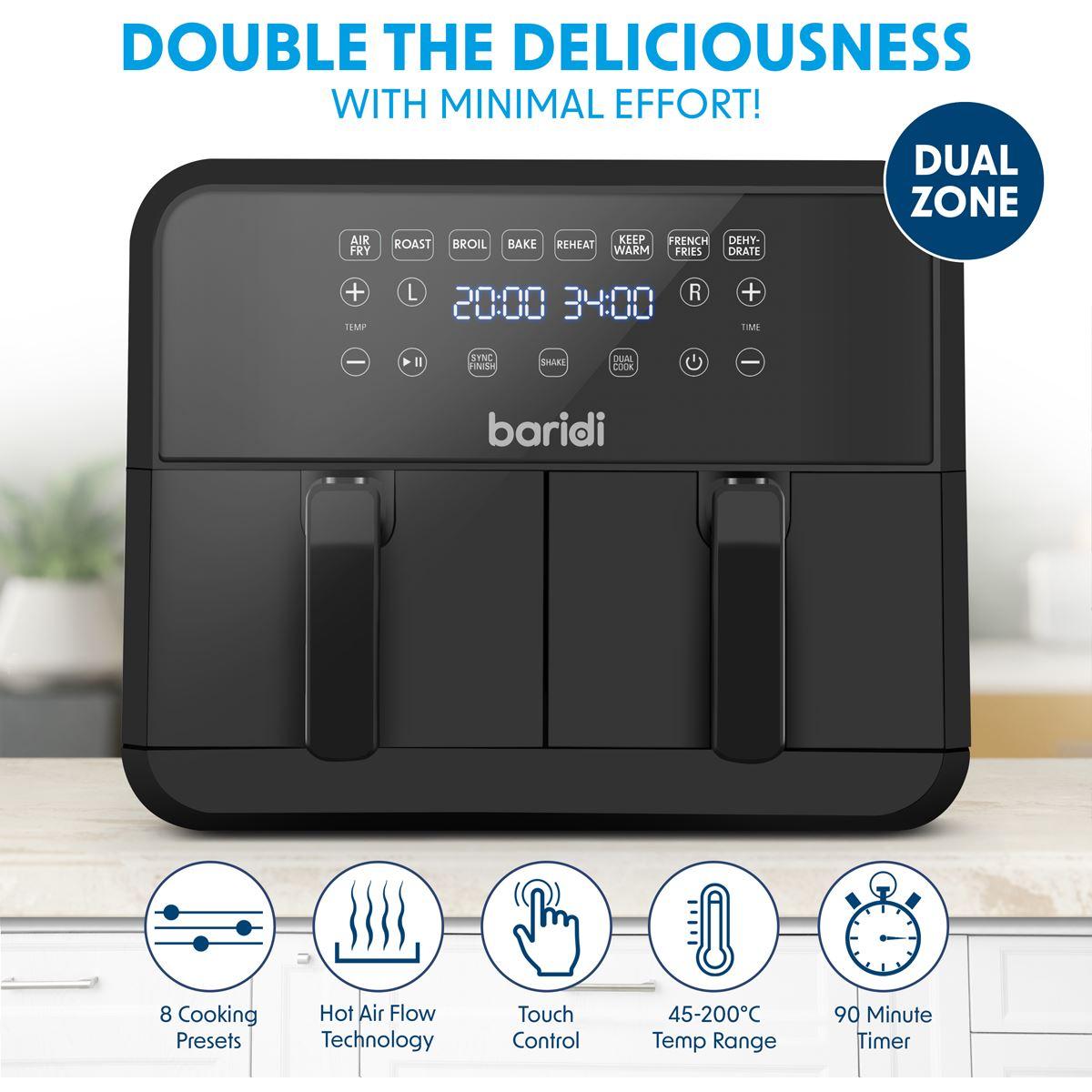 Baridi 8L Dual Zone Air Fryer with 8 Preset Functions
