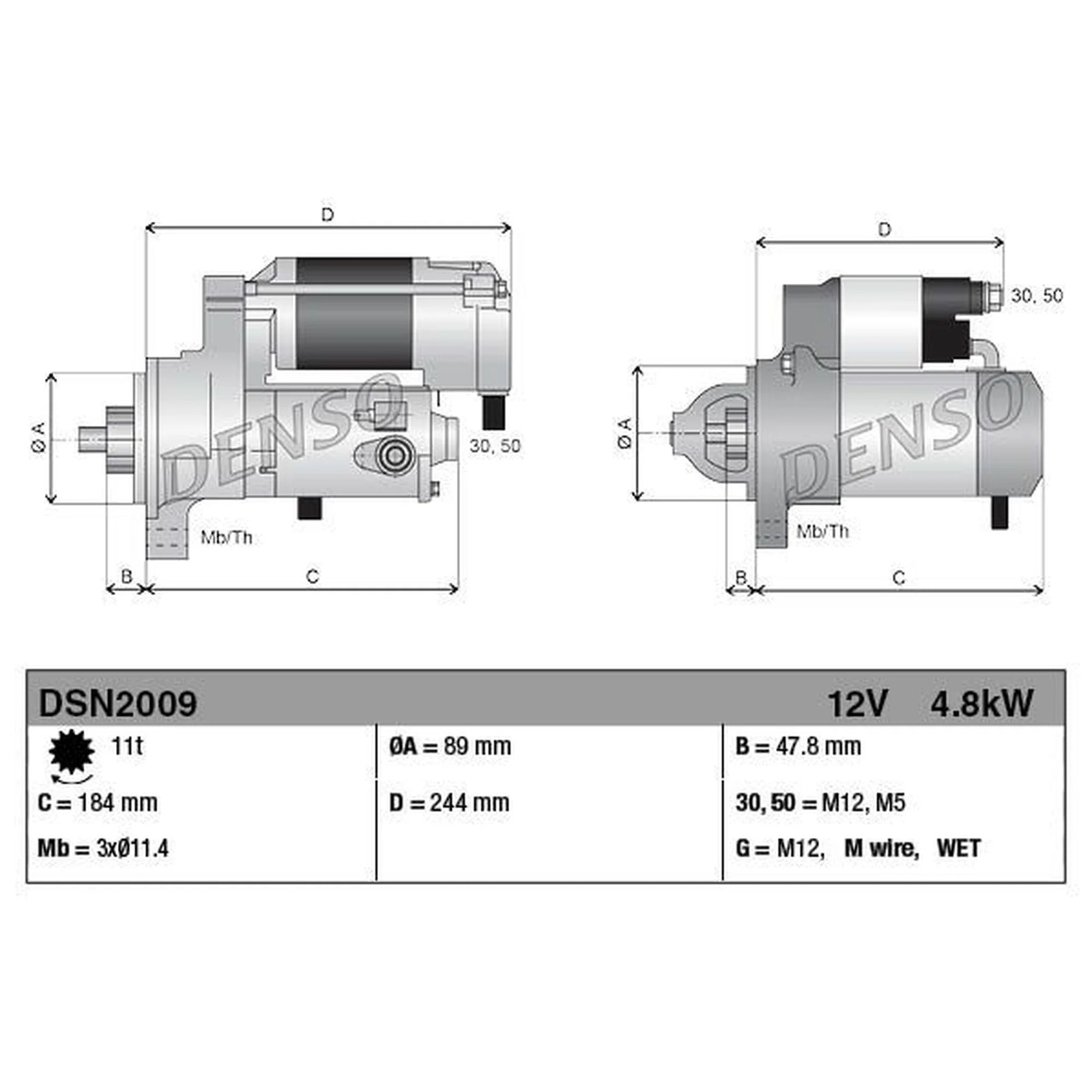 Denso Starter Motor 12V 4.8kW 11 Teeth DSN2009